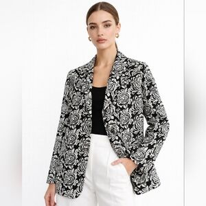 Villager Woman Floral Rose Graphic Pattern Blazer Black White 18W
